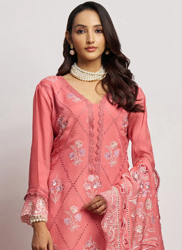 Charismatic Organza Thread Embroidered Work Peach Salwar Kameez